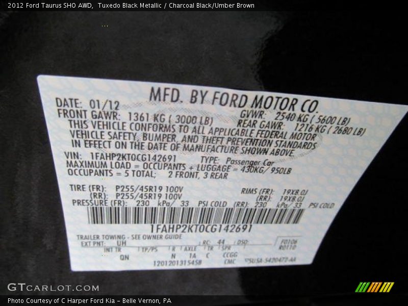 2012 Taurus SHO AWD Tuxedo Black Metallic Color Code UH