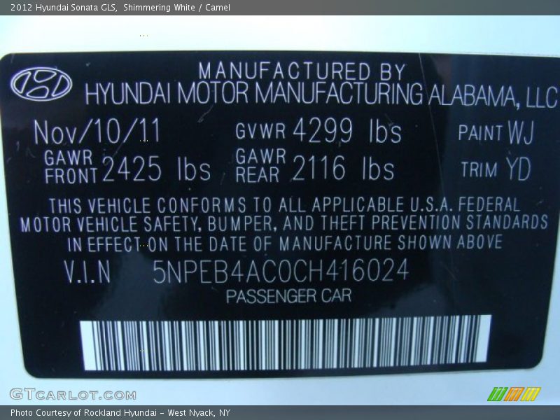 Shimmering White / Camel 2012 Hyundai Sonata GLS