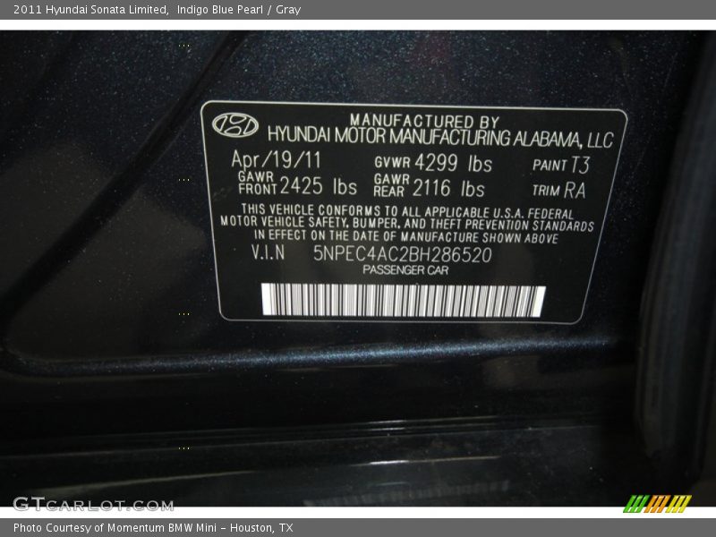 Indigo Blue Pearl / Gray 2011 Hyundai Sonata Limited