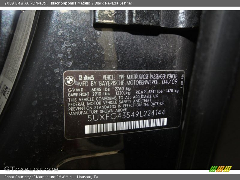 Black Sapphire Metallic / Black Nevada Leather 2009 BMW X6 xDrive35i