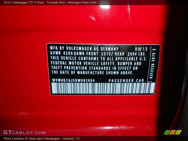 Tornado Red / Interlagos Plaid Cloth 2013 Volkswagen GTI 4 Door