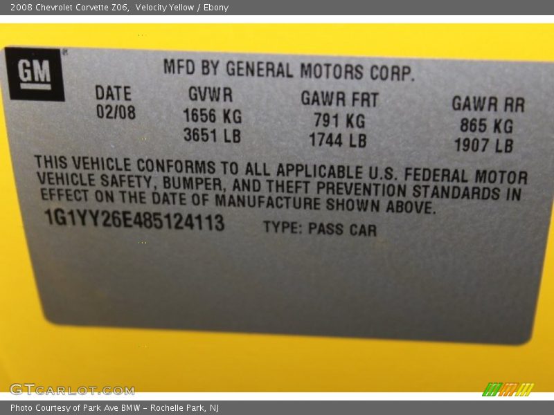 Info Tag of 2008 Corvette Z06