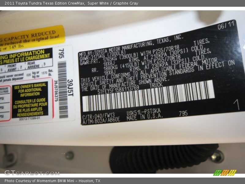 Super White / Graphite Gray 2011 Toyota Tundra Texas Edition CrewMax