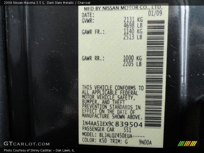Dark Slate Metallic / Charcoal 2009 Nissan Maxima 3.5 S