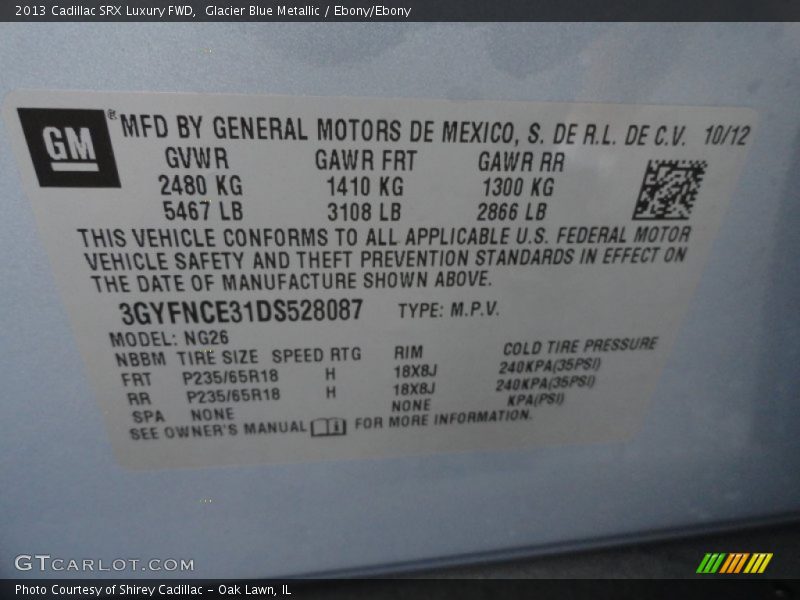 Glacier Blue Metallic / Ebony/Ebony 2013 Cadillac SRX Luxury FWD