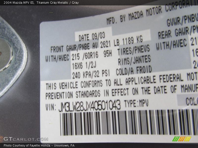 Titanium Gray Metallic / Gray 2004 Mazda MPV ES