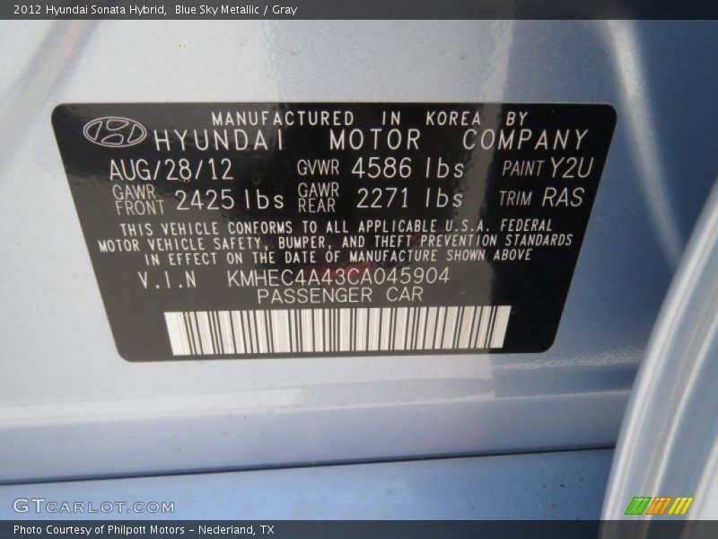 Blue Sky Metallic / Gray 2012 Hyundai Sonata Hybrid