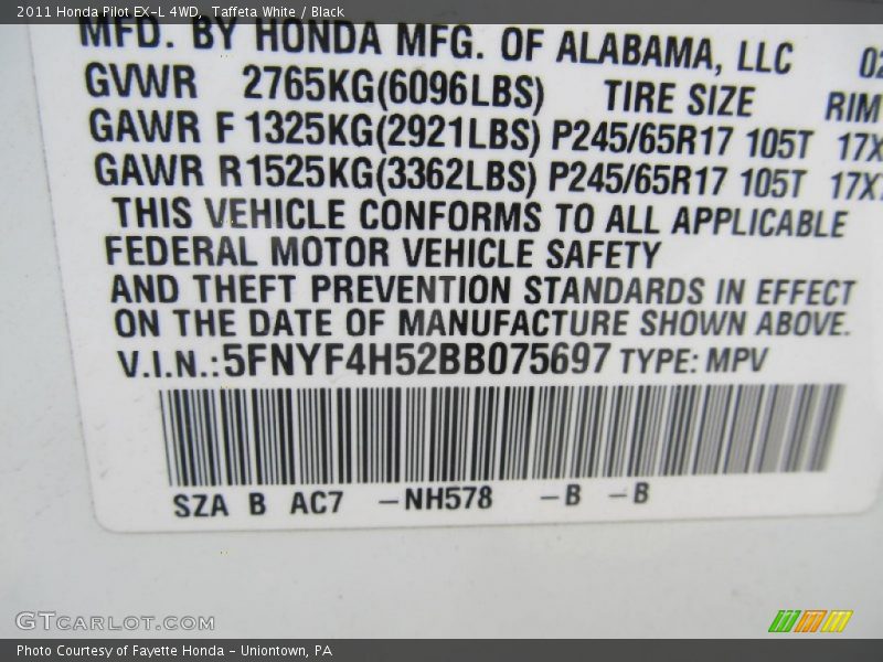 Taffeta White / Black 2011 Honda Pilot EX-L 4WD