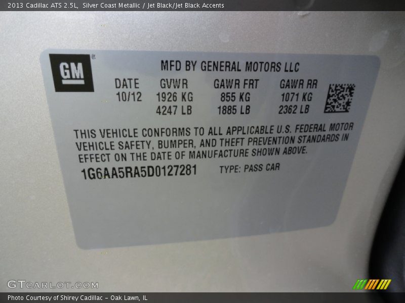 Silver Coast Metallic / Jet Black/Jet Black Accents 2013 Cadillac ATS 2.5L