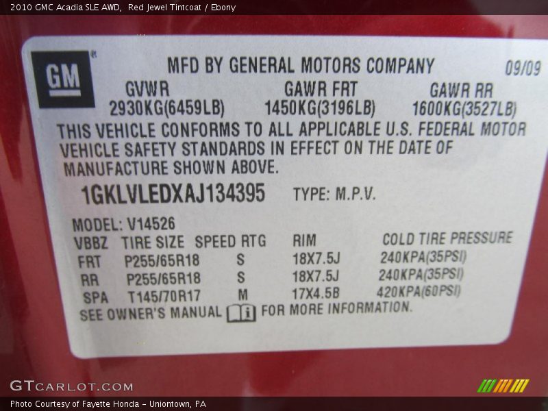 Red Jewel Tintcoat / Ebony 2010 GMC Acadia SLE AWD