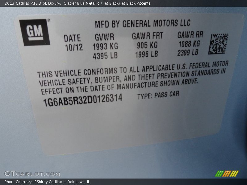 Glacier Blue Metallic / Jet Black/Jet Black Accents 2013 Cadillac ATS 3.6L Luxury