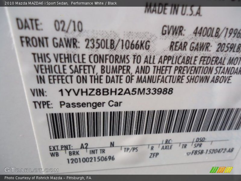 Performance White / Black 2010 Mazda MAZDA6 i Sport Sedan