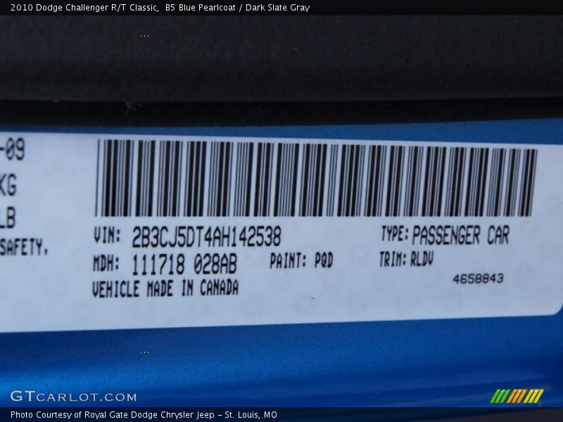 2010 Challenger R/T Classic B5 Blue Pearlcoat Color Code PQD