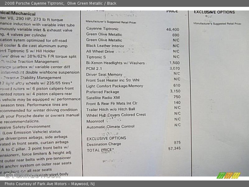  2008 Cayenne Tiptronic Window Sticker