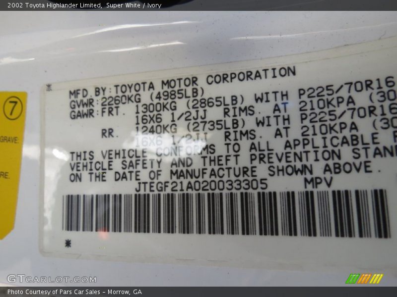 Super White / Ivory 2002 Toyota Highlander Limited