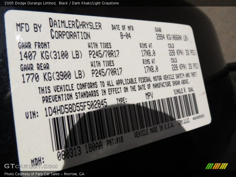 Black / Dark Khaki/Light Graystone 2005 Dodge Durango Limited