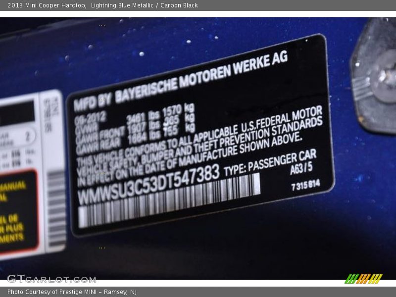 2013 Cooper Hardtop Lightning Blue Metallic Color Code A63