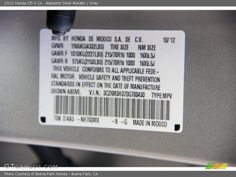 Alabaster Silver Metallic / Gray 2013 Honda CR-V LX