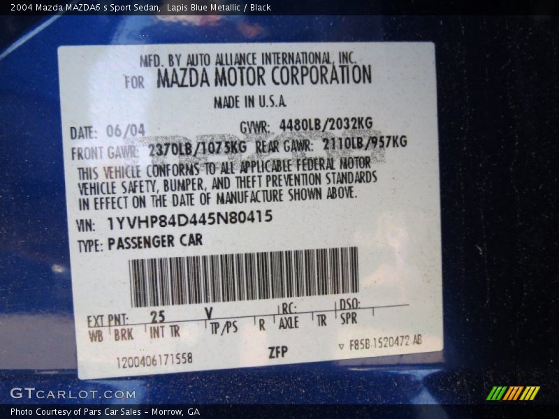 2004 MAZDA6 s Sport Sedan Lapis Blue Metallic Color Code 25V