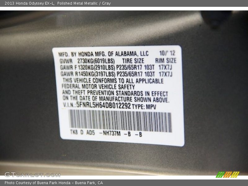 Polished Metal Metallic / Gray 2013 Honda Odyssey EX-L