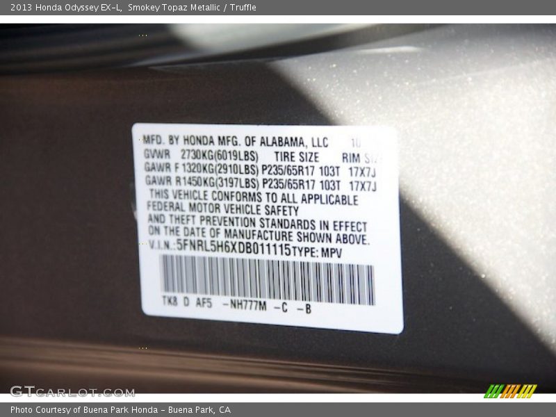 Smokey Topaz Metallic / Truffle 2013 Honda Odyssey EX-L