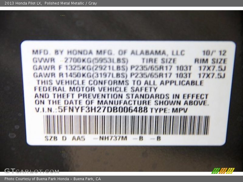 Polished Metal Metallic / Gray 2013 Honda Pilot LX