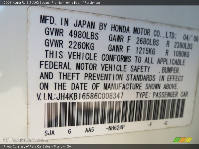 2006 RL 3.5 AWD Sedan Premium White Pearl Color Code NH624P