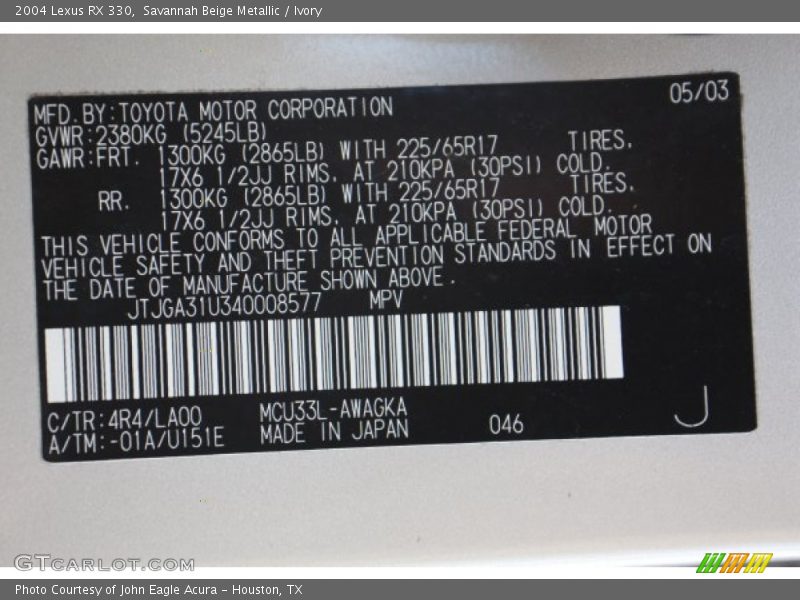 Savannah Beige Metallic / Ivory 2004 Lexus RX 330