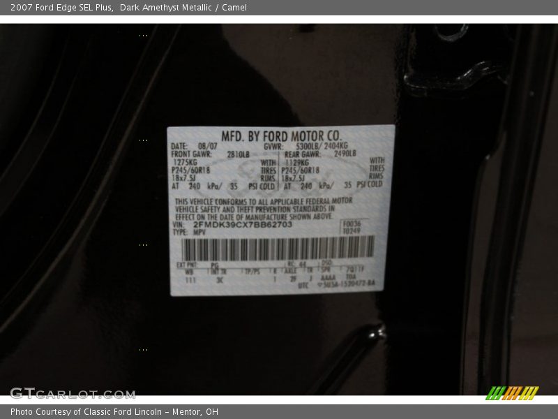 Dark Amethyst Metallic / Camel 2007 Ford Edge SEL Plus