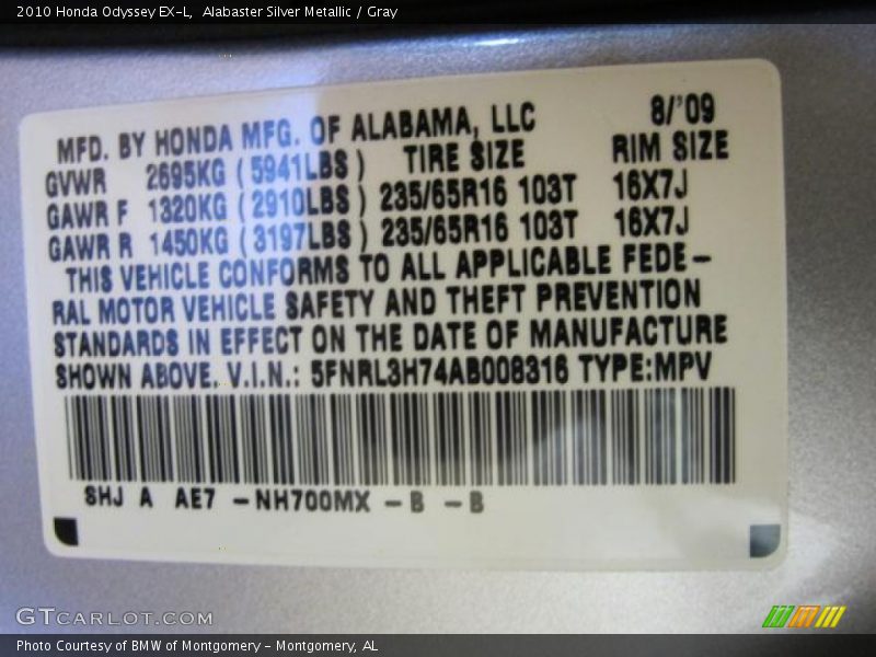 Alabaster Silver Metallic / Gray 2010 Honda Odyssey EX-L