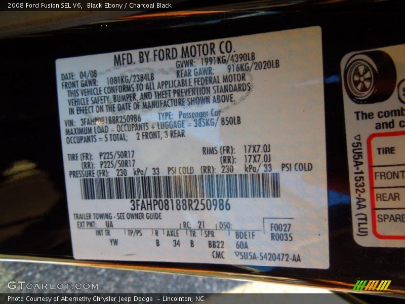Black Ebony / Charcoal Black 2008 Ford Fusion SEL V6