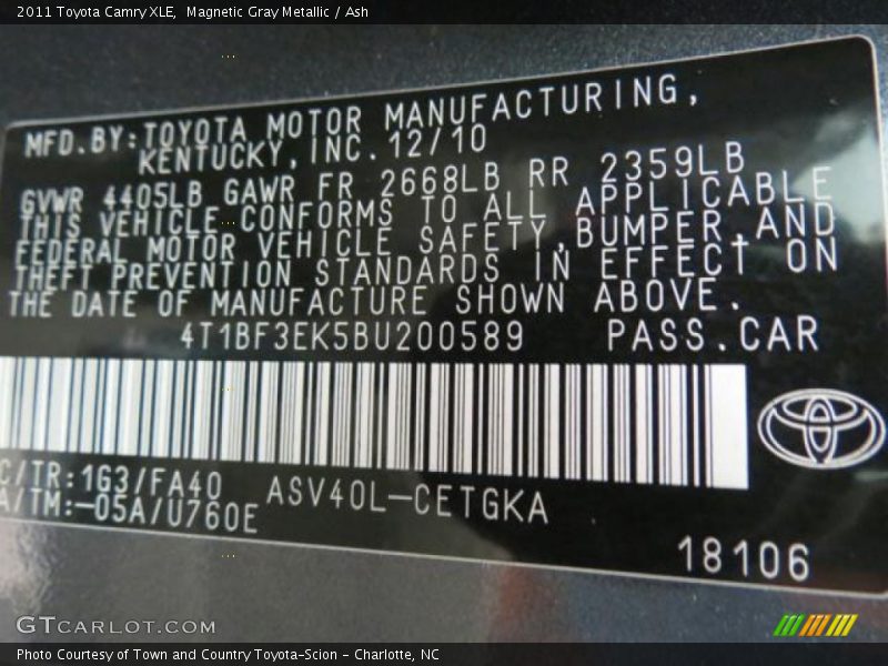 Magnetic Gray Metallic / Ash 2011 Toyota Camry XLE