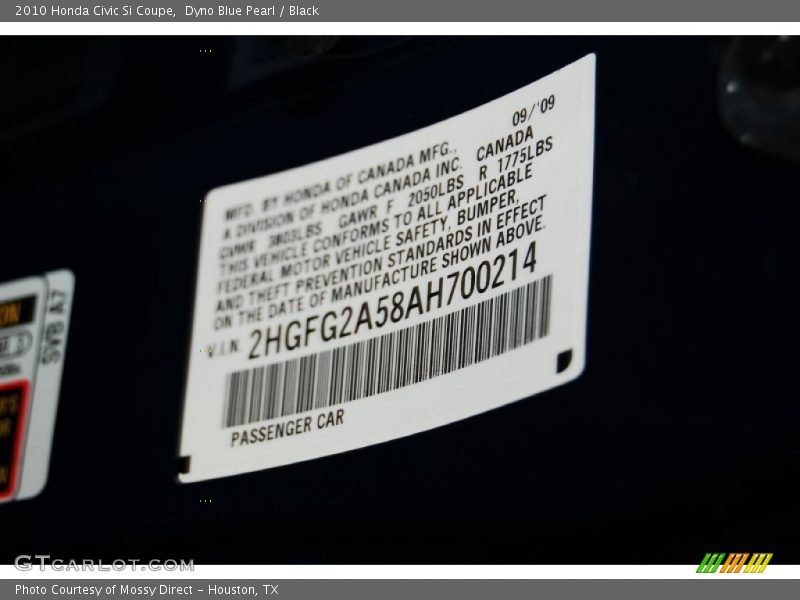 Dyno Blue Pearl / Black 2010 Honda Civic Si Coupe