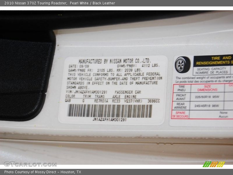 Pearl White / Black Leather 2010 Nissan 370Z Touring Roadster