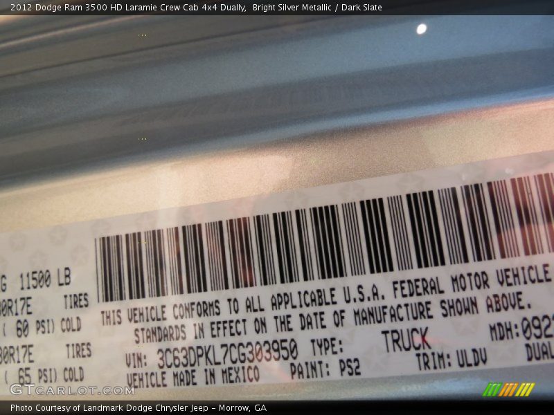 Bright Silver Metallic / Dark Slate 2012 Dodge Ram 3500 HD Laramie Crew Cab 4x4 Dually