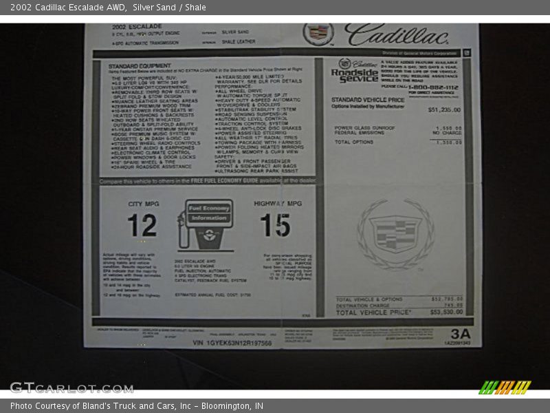  2002 Escalade AWD Window Sticker