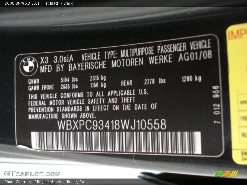 Jet Black / Black 2008 BMW X3 3.0si
