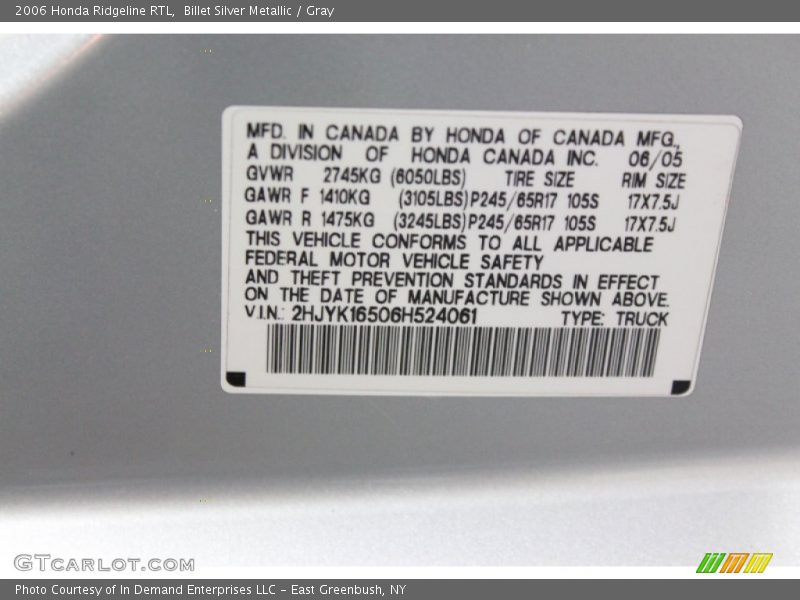 Billet Silver Metallic / Gray 2006 Honda Ridgeline RTL