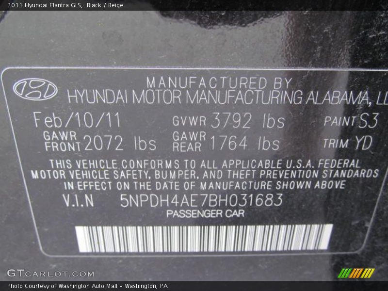 Black / Beige 2011 Hyundai Elantra GLS