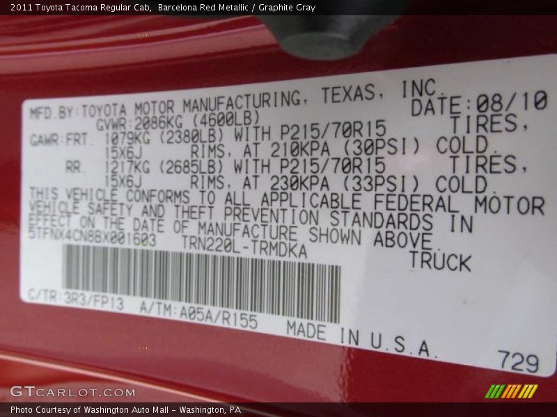 Barcelona Red Metallic / Graphite Gray 2011 Toyota Tacoma Regular Cab