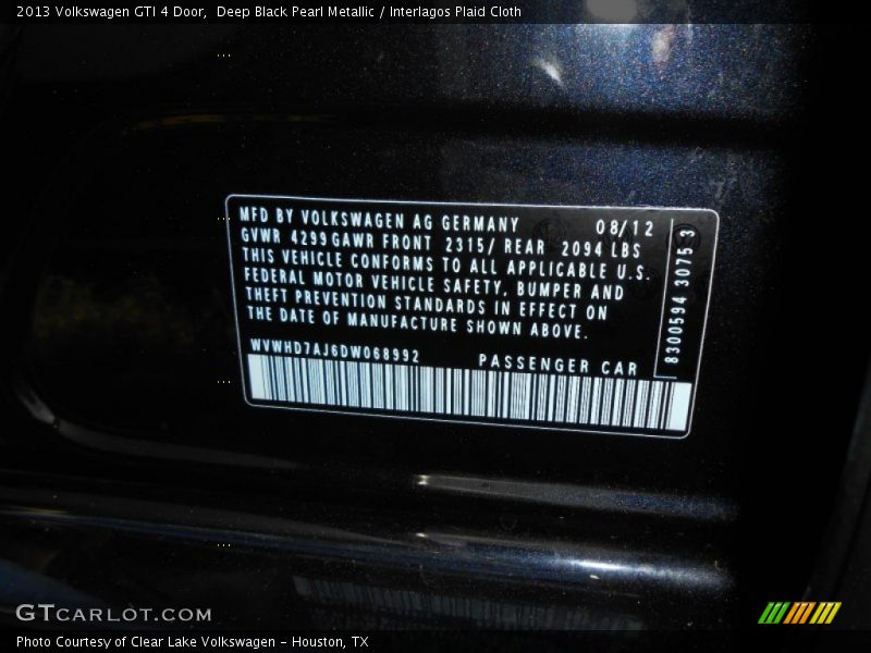 Deep Black Pearl Metallic / Interlagos Plaid Cloth 2013 Volkswagen GTI 4 Door