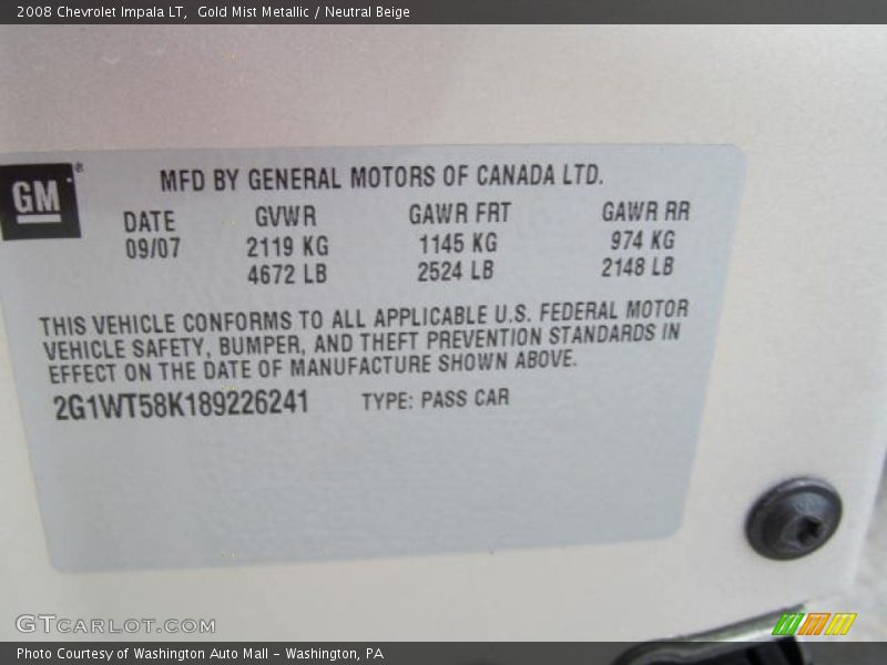 Gold Mist Metallic / Neutral Beige 2008 Chevrolet Impala LT