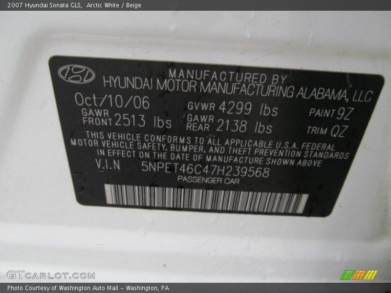 Arctic White / Beige 2007 Hyundai Sonata GLS