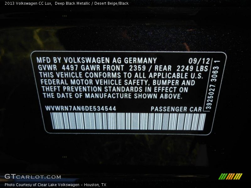 Deep Black Metallic / Desert Beige/Black 2013 Volkswagen CC Lux