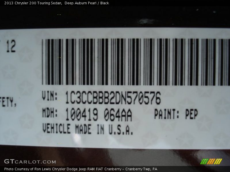 Deep Auburn Pearl / Black 2013 Chrysler 200 Touring Sedan