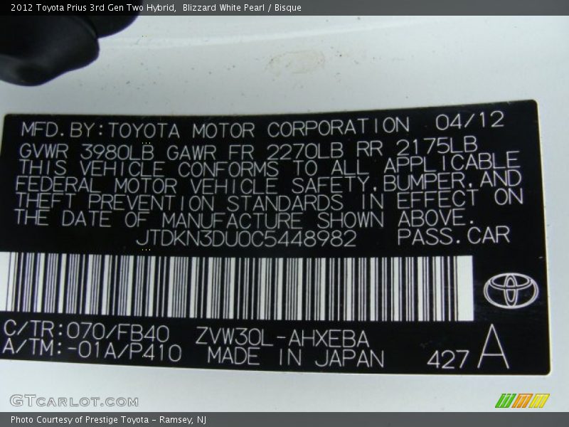 2012 Prius 3rd Gen Two Hybrid Blizzard White Pearl Color Code 070