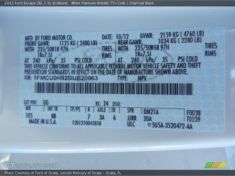White Platinum Metallic Tri-Coat / Charcoal Black 2013 Ford Escape SEL 2.0L EcoBoost