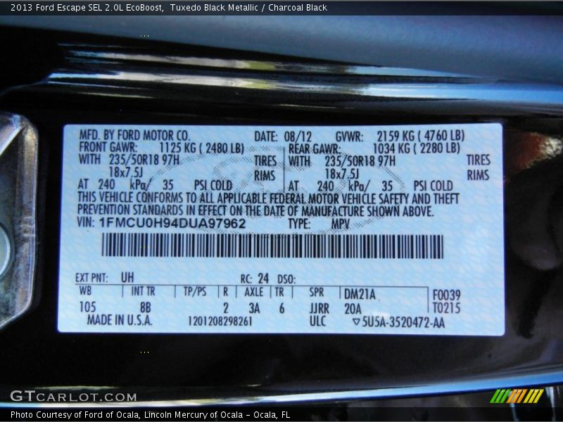 2013 Escape SEL 2.0L EcoBoost Tuxedo Black Metallic Color Code UH