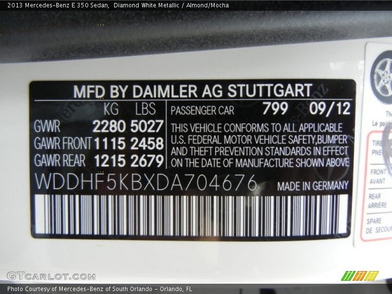 2013 E 350 Sedan Diamond White Metallic Color Code 799