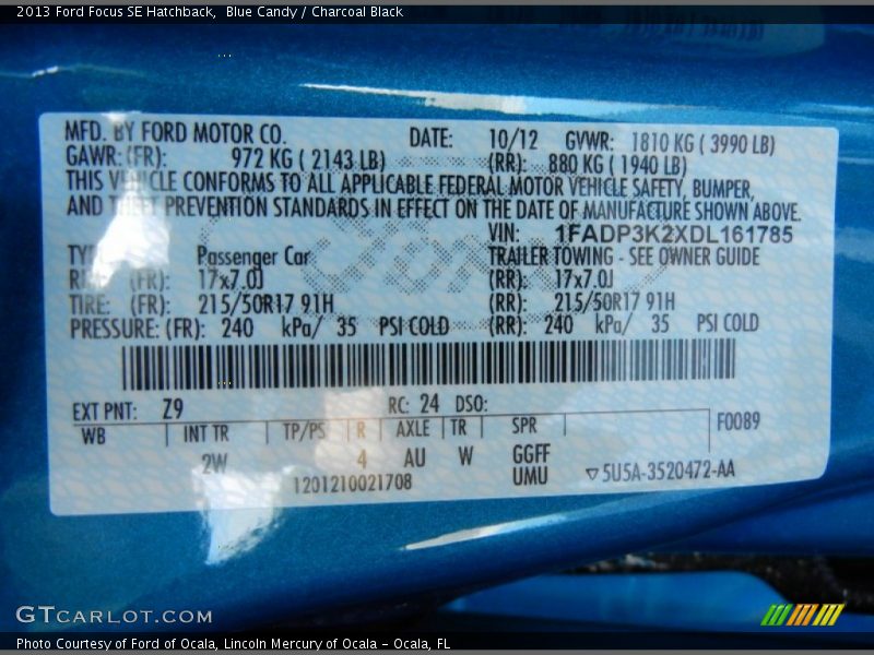 2013 Focus SE Hatchback Blue Candy Color Code Z9